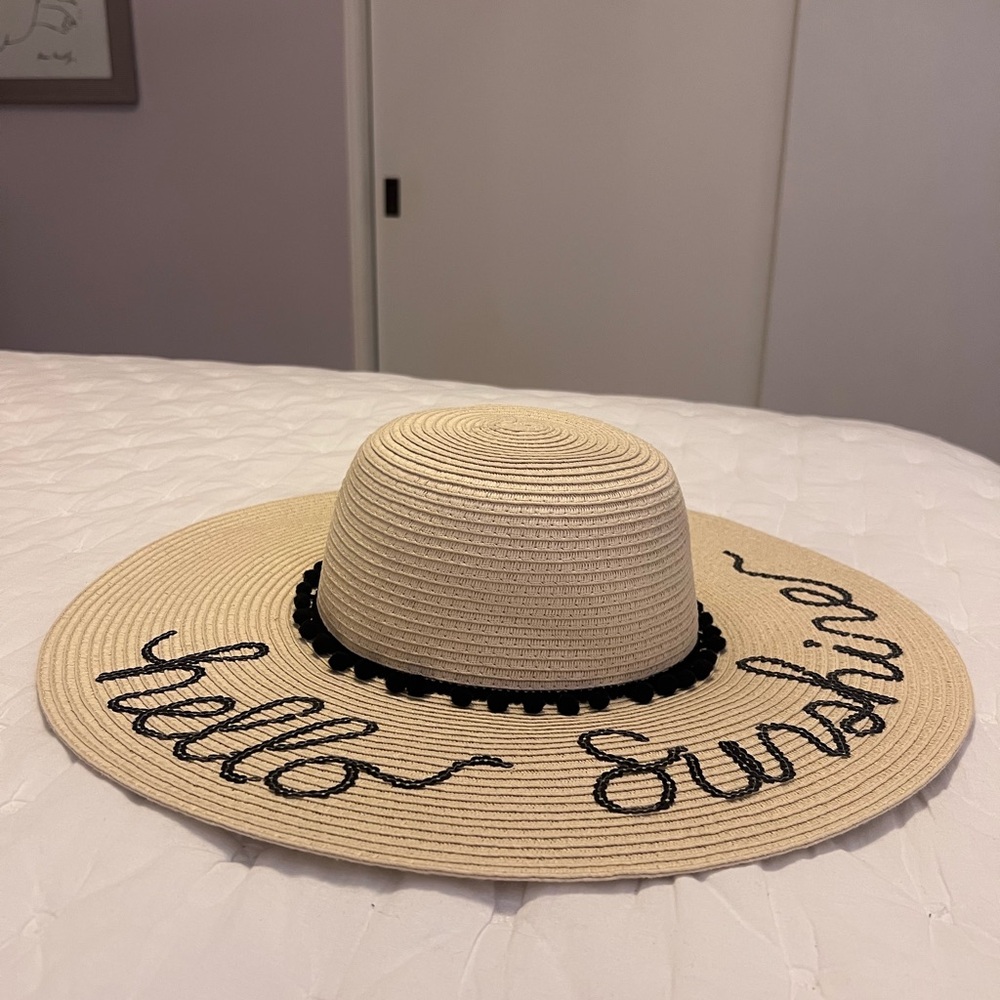 Francesca’s Collections Beige Sun Hat with Black Embroidery and Pom Pom Trim